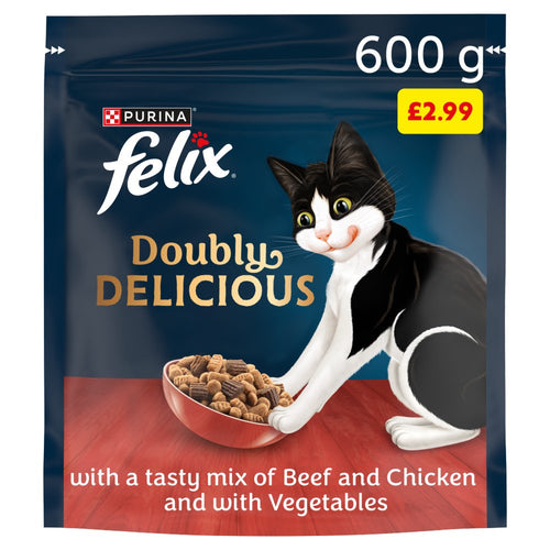 FELIX Doubly Delicious Beef, Chicken & Veg Dry Cat Food 600g PMP 600g × 4 × 1
